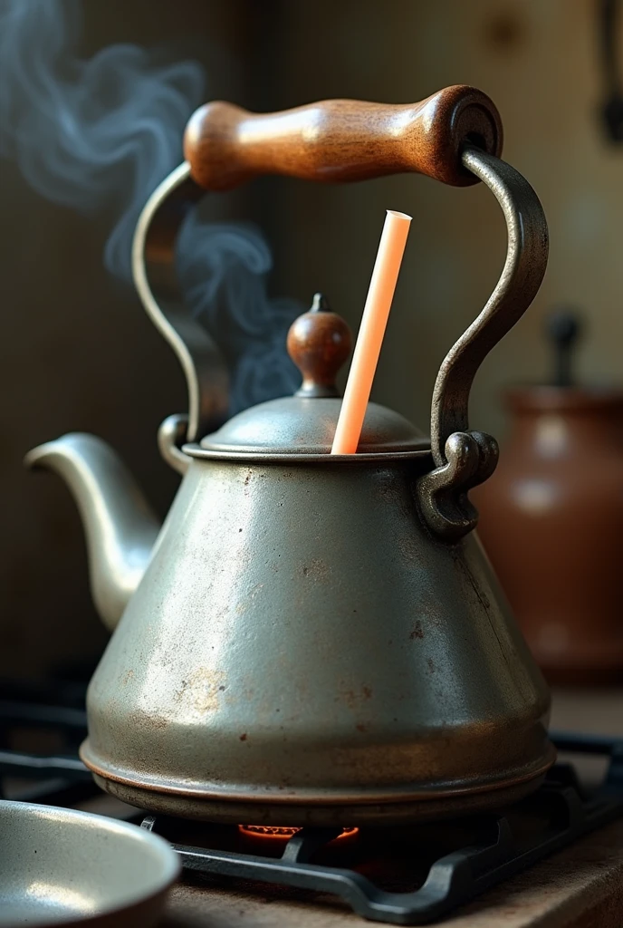 Old aluminum kettle with wooden handle like a teapot being boiled with a plastic straw inside