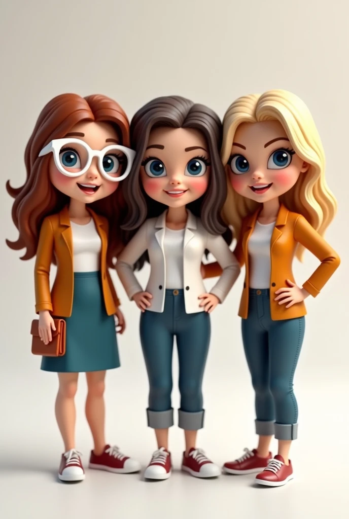 Create three dolls together bitmoji style, there are three teachers, only the blonde-haired teacher has blue eyes, the other two are brown eyes, all three teachers are white and happy, Teachers who have blonde and dark brown hair dress the same. The blonde teacher with blue eyes wears white-framed glasses, her long hair, Blonde and smooth. The teacher with dark brown hair is white, your hair is medium and straight, she is very elegant and haughty. The teacher who has wavy reddish brown hair is very white and looks like a porcelain doll., has a sweet air, sweet and casual.