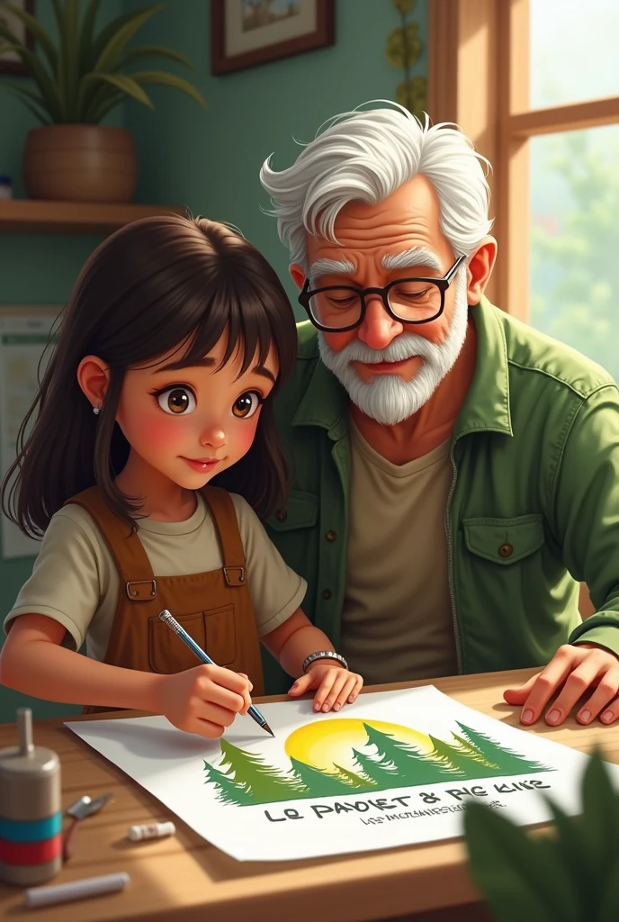 a girl with chocolate colored hair without bangs with MEDIUM hair, With his grandfather, he began to make posters with messages about the importance of protecting the forest and the life that lived there..
Your grandfather is without glasses, without a jacket, He has white hair and beard