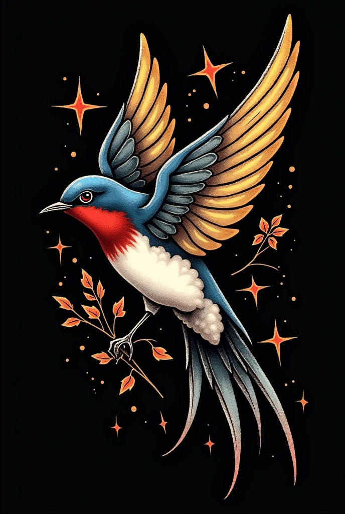 Sketch a swallow tattoo using American traditional and blackwork style