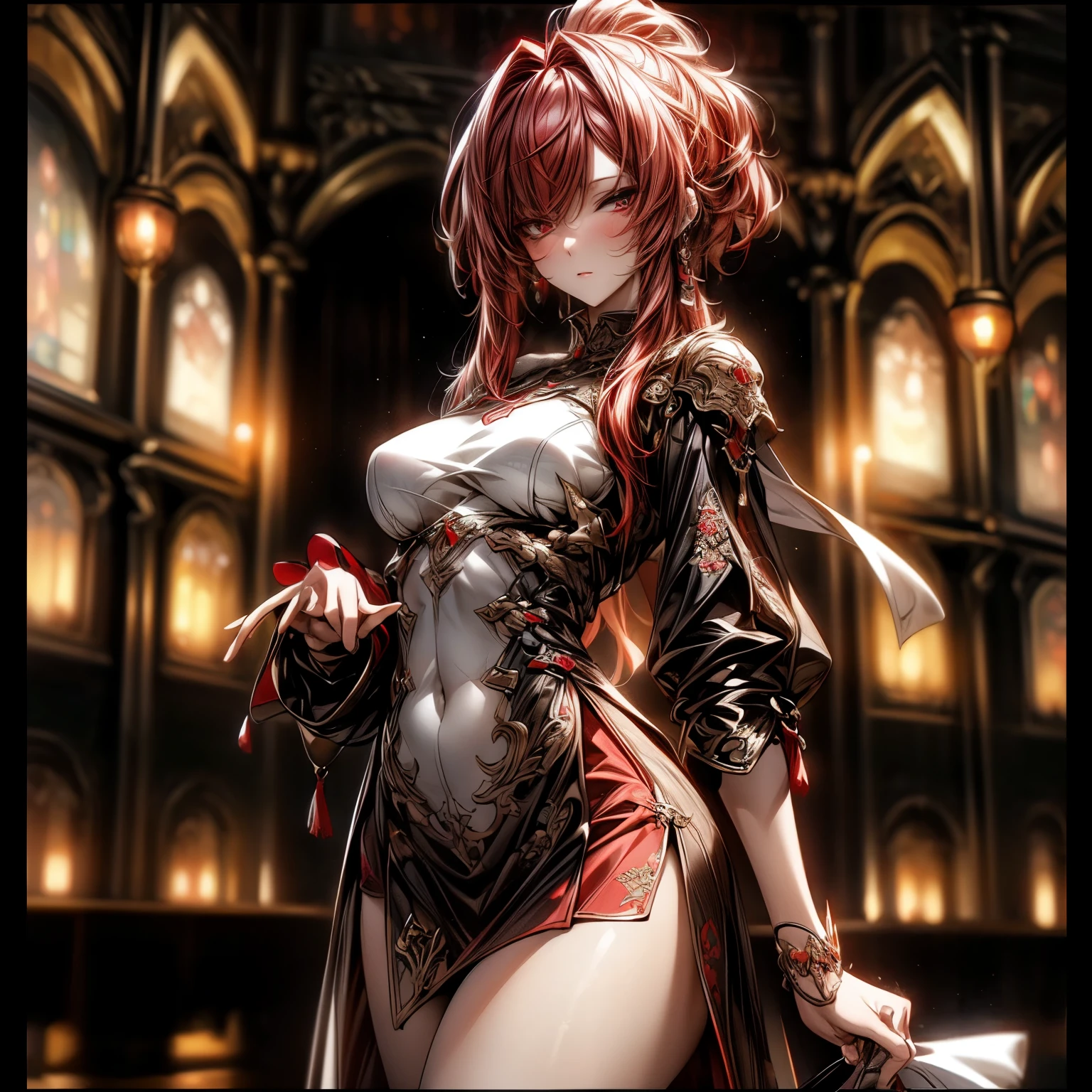 (best quality)), ((Masterpiece)), (details:1.4), 3d, HDR (high dynamic range), an image of a beautiful cyberpunk female, Fantasy, Cyberpunk, Red hair, Curtain Bangs, Sleek style, Hips up, Beautiful Red eyes, จมูกโด่ง, ปากแดง, หน้าอกใหญ่, nvidia RTX, PBR surface, After processing, Anisotropic filtration,depth of field, Maximum clarity and clarity, multi-layered surface, Subsurface scattering, perfect proportions, 8K raw files, ultra detailed, Perfect proportions, volumetric lighting, soft lighting, Holy Paldin, Heavy Black Armor, Red dress, intricate Silver embroidery, glossy skin, Castle background, jewely, ต่างหู, นิ้วมือสมบูรณ์, mini red skirt,