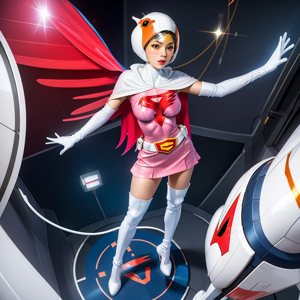 ANI_CLASSIC_jun_gatchaman_ownwaifu,1girl, 15yo,good anatomy, masterpiece, best quality,realistic, hyperrealistic, 16k hdr, long hair,breasts,green eyes,lips,large breasts,lipstick,makeup,gloves,cape,helmet,belt,elbow gloves,white gloves,mask,ultra miniskirt,leotard,spacesuit,white tight overknee highheels boots,pink dress,superhero,bodysuit,cleavage,erected nipples,(sexy pose,view from above),(spread legs:1.1),cameltoe