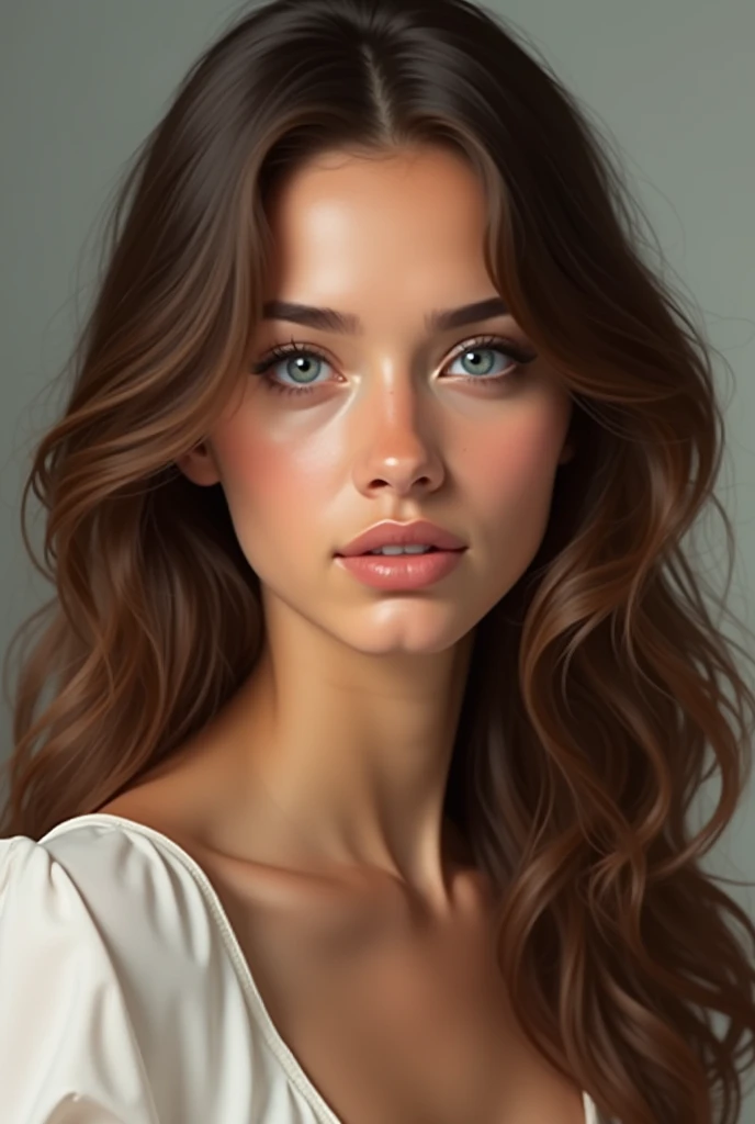 Brown wavy hair, blue eyed, buğday ten rengi, Russian girl sharp chin no freckles