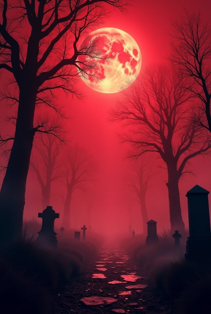 create a halloween flyer in a whole photo, but only put images, no text, I want a cemetery with fog in red colors, no text or writing halloween