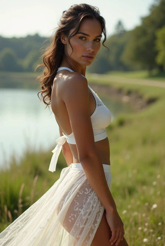 galgadot,  white swimsuit, with a long white lace rounded skirt on top, in a grassy setting near a lake with weak sunlight, closeup 