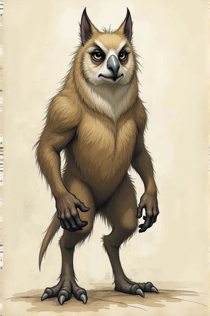 Heal me a sketch-type image of an animal with an owl head, dog body and goat legs