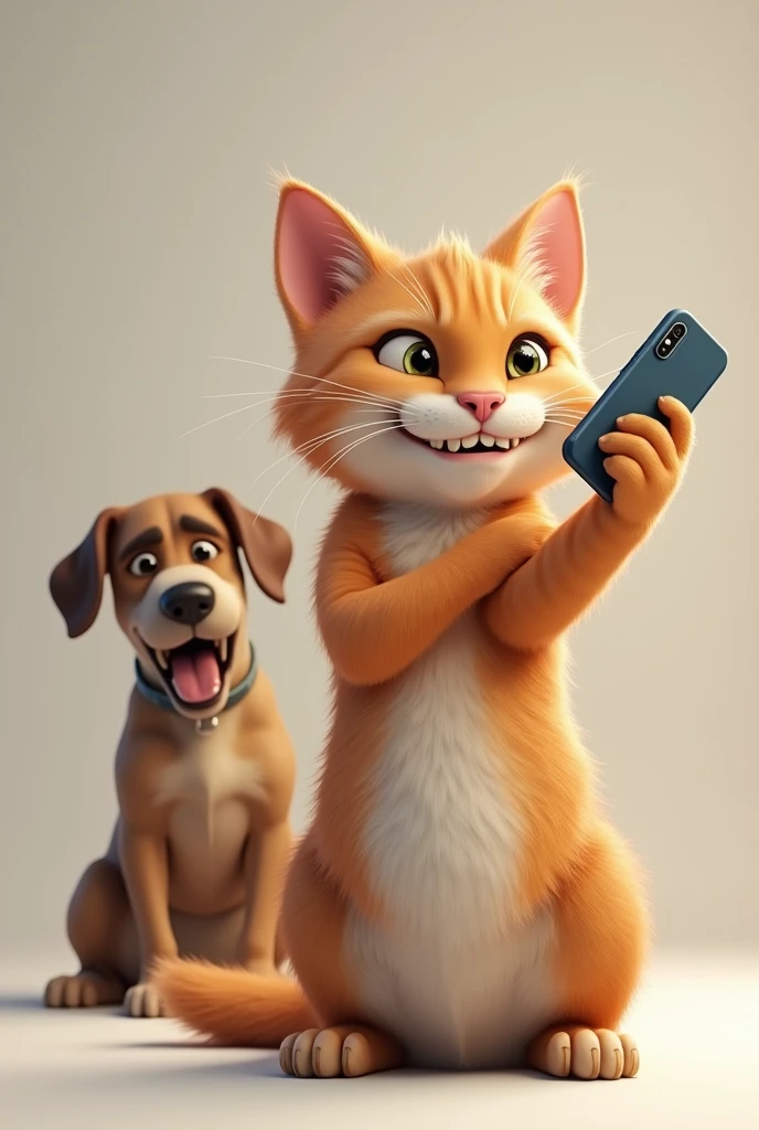 Cat taking a selfie smiling and dog with an angry face on the left side, PICTURE REALISTIC