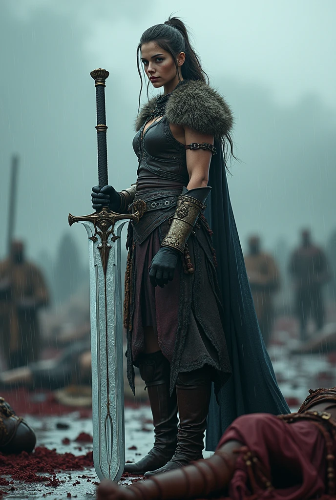 (Beautiful Viking female warrior) full body holding the imposing transparent sword in her hands, On a bloody battlefield full of corpses, With rain, , Transparency, rain, Beautiful female warrior