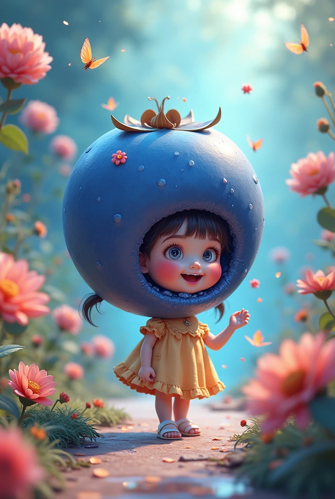 A cute girl eats some goo than inflates till she is a blueberry