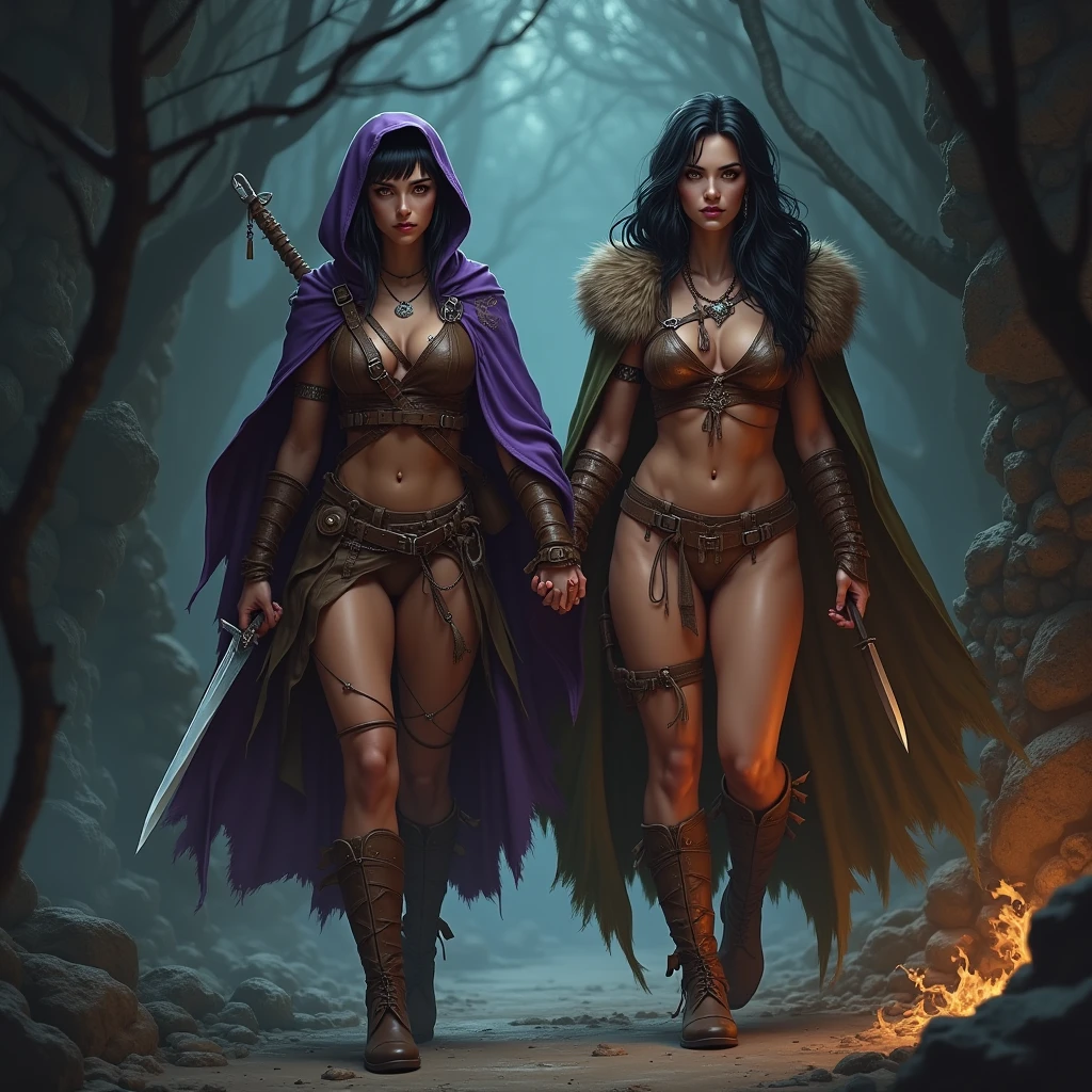 Nisha and Cree explore a dungeon together, holding hands. Nisha is shorter white woman who is A female ranger wearing brown leathers with a purple hood, detailed yellow eyes, purple lipstick, short black hair swept back and tied back, She has an intense dangerous expression and smile, she holds a pair of knives in each hand. Cree is a taller woman, she is a ((native american elf)), She wears a brown leather bikini, fur cloak, fur boots, fur bracers, (((native American))), curvy, large breasts, slim waist, wide hips, ((black hair)), long hair, coco skin, tanned skin, brown eyes.,(detailed eyes, detailed face), smile, red lips, Square jaw, high cheekbones, strong jaw line. Show them walking through a dark dungeon, full body shot. pov from the side. ensure Cree is taller than Nisha.