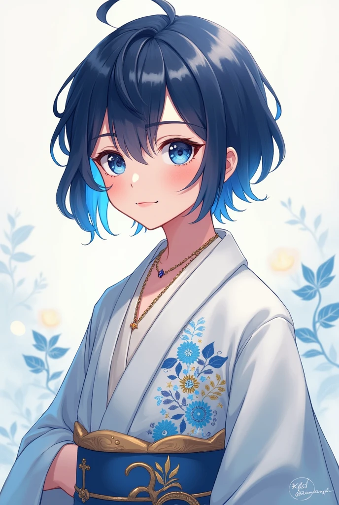Create a young anime style boy with an open kimono and shoulder-length hair with blue tips