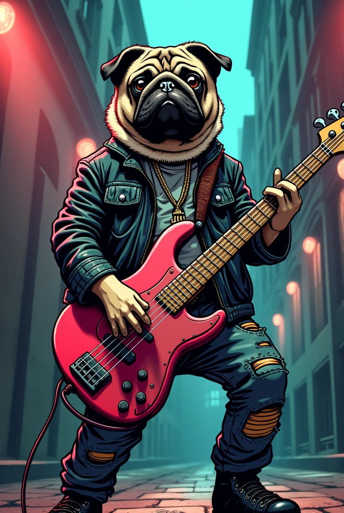 Comic Stil. A person with the head of a pug plays bass and wears a punk outfit.
