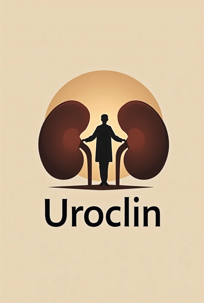 Create a logo for a urology clinic in brown colors, beige and black, with the name Uroclin, the symbol of the kidneys and a patient in the background.
