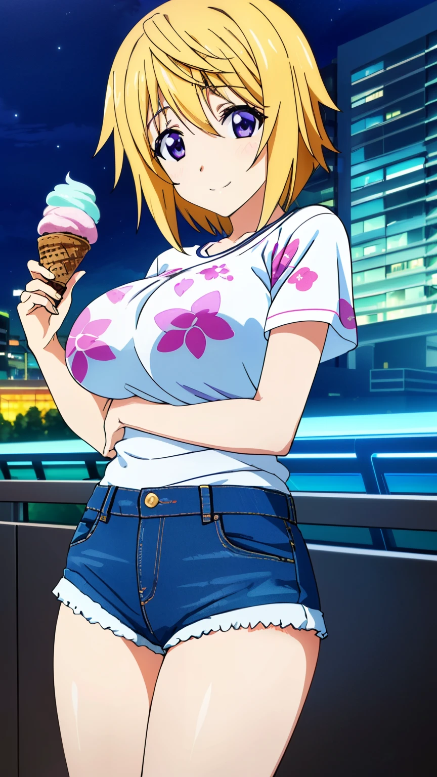 (masterpiece, best quality, high resolution, 8k:1.2), anime coloring, unity 8k wallpaper, (beautiful detailed eyes:1.2), highly detailed face, perfect lighting, highly detailed CG, (perfect hands, perfect anatomy), charlotte dunois, charlotte dunois, short hair, blonde, (purple eyes:1.1), (Glamour:1.2), (large breasts:1.4), (Ice cream print, neon garland, T-shirt, lace, cat print, tattoo, super short fit stamper frill, mesh tights, short denim shorts, city, night, smile),
looking at the viewer, (cowboy shot:1.2), dutch angle,