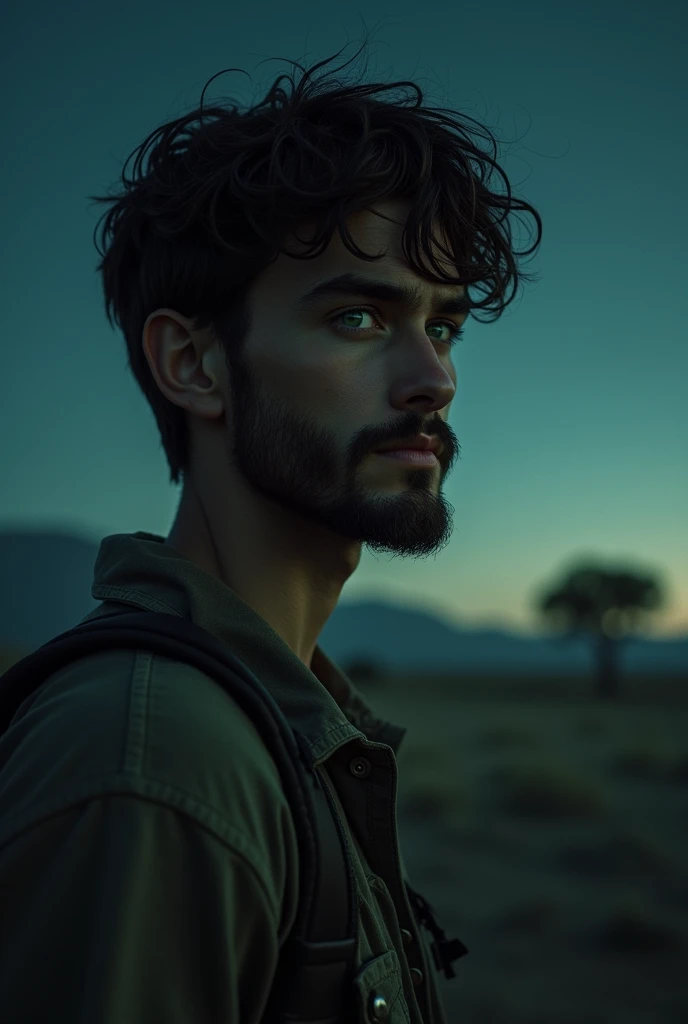 young man with short beard, greeneyes, big hair, alone in Texas at night