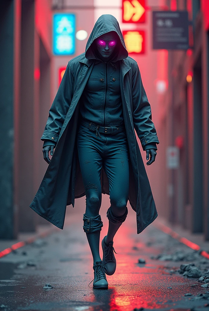 W komiskowym stylu, w stylu DC comics. Super złoczyńca. Stalker nosi obcisły, dark gray overalls, which is both light and durable, made of light-absorbing nanomaterials, co potęguje jego zdolność do niewidzialności. Na twarzy ma maskę z przezroczystego materiału, which allows him to see the world in infrared and ultraviolet, while hiding his identity. His body is slim and the effects of the mutation are clearly visible - his skin is pale., a żyły widocznie pulsują ciemnym kolorem. Even though his legs are paralyzed, they are slightly distorted, co dodatkowo potęguje jego upiorny wygląd. Nogi ma wyprostowane. You can see it levitating slightly above the surface.