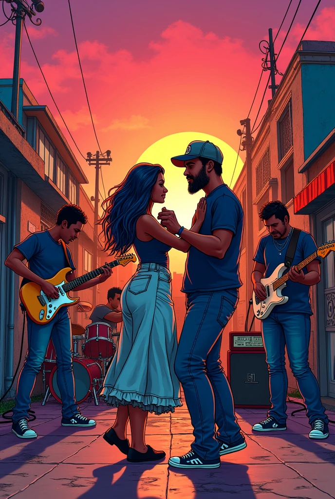 batman style comic, with a psychedelic sunset, in Tepito.
A rock band playing. With a drummer, little white, chubby slanted eyes, short hair; un guitarrista moreno flaco y short hair; a vocal guitarist with medium-long hair and a short, unkempt beard; a chubby dark-skinned bassist with a poker-pie hat.
In the center a couple dancing cumbia, Short woman, little guerilla, long blue hair and the man with a tall, dark and robust beard wearing a Ramones t-shirt, both wearing Converse