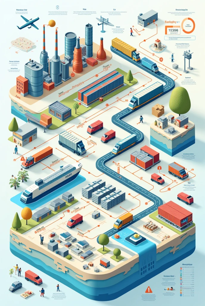 Supply chain with each step visually, indicating the suppliers, manufacturers, Consumers, transports, etc. All the agents that act