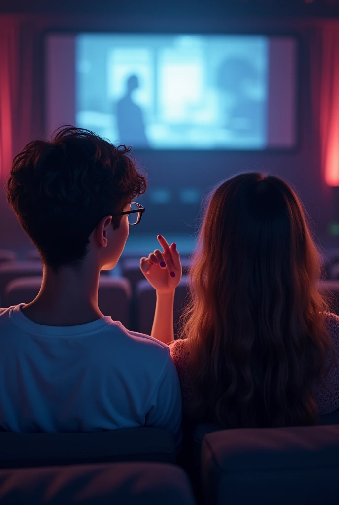 a couple, boy with circular glasses, girl without glasses and long hair, purple nails, watching a movie in front of me in the cinema,  trying to shake hands slowly