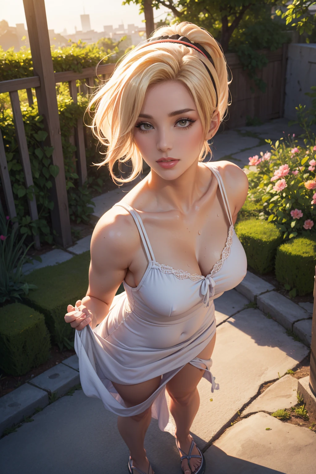 Beautiful,woman, Mercy from overwatch, blonde hair, pink hairband, ponytail, dewy complexion, long eyelashes,soft-petalled lips,(beautiful detailed lips:1.1),(medium breasts:0.9),youthful appearance, blonde locks cascading down, seductive sexy pose, comfortable atmosphere,(garden background:1.1),soft sunlight, pastel color palette,(best quality:1.2),(highres:1.1),(realistic:1.37),(physically-based rendering:1.1),(vivid colors:1.1),(soft lighting:1.1), full body, visible feet, (((sundress))), (((sundress))), sweaty, blushed, (((flip flops))), standing