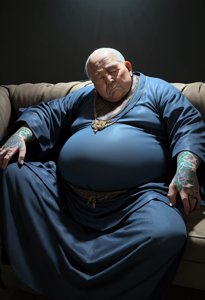 (old fat monk with thinning hair,tattoos all over body, full detailed body, lying on the sofa, highly detailed face,hyperrealistic,3d render,masterpiece,8k,photorealistic,cinematic lighting,dramatic lighting,moody lighting,dramatic pose,mystical,spiritual,intense gaze,intricate tattoos,lush textures,rich colors,chiaroscuro,dramatic shadows,atmospheric)