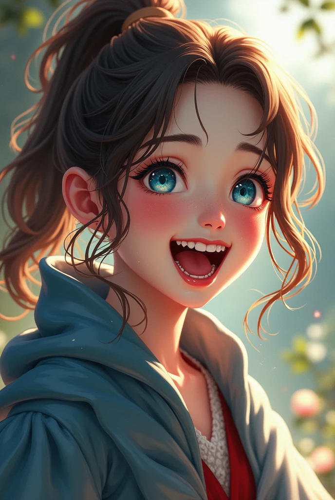 Japanese、woman、mouth、is open、Brown Hair、
1 person、laughing、Daytime、blue eyes、White skin、ponytail、Real、Double、Big eyes、Big fangs、Cape、Dracula、Bite、