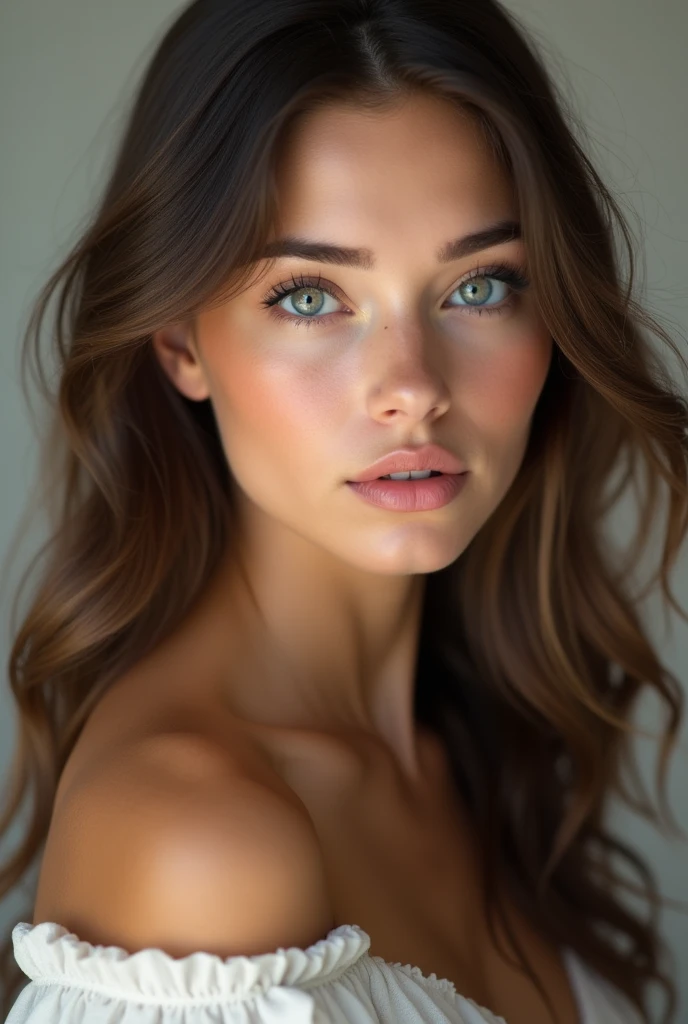 Brown wavy hair, blue eyed, buğday ten rengi, Russian girl pointy chin freckle free