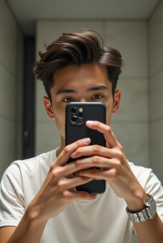 Can you generate me an image of a handsome 14 year old boy taking a picture in the mirror and covering his face with the phone SUPER MEGA IPER ULTRA REALISTIC  
