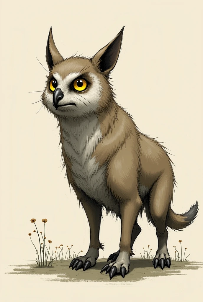 create a sketch-type image of an animal with an owl head, dog body and goat legs