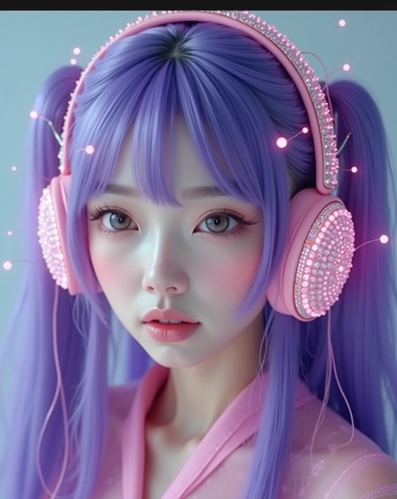 Korean purple hair butterfly woman in headset with transparent shiny shiny pink dress and shiny diamonds on headset full body The main scene: a ball with black walls chic with gold details princess outfit princess princess with korean headphones 
