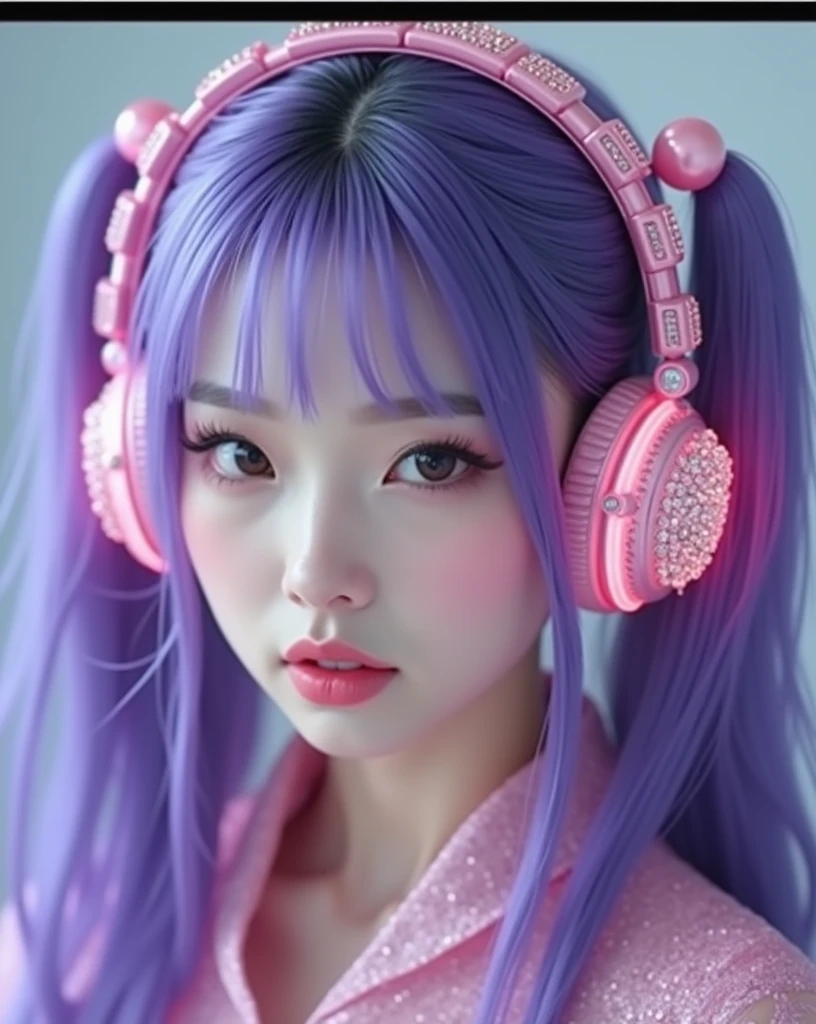 Korean purple hair butterfly woman in headset with transparent shiny shiny pink dress and shiny diamonds on headset full body The main scene: a ball with black walls chic with gold details princess outfit princess princess with korean headphones