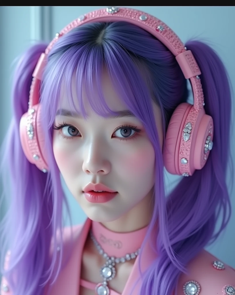 Korean purple hair butterfly woman in headset with transparent shiny shiny pink dress and shiny diamonds on headset full body The main scene: a ball with black walls chic with gold details princess outfit princess princess with korean headphones