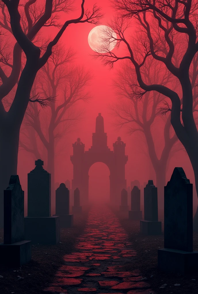 create a halloween flyer in a whole photo, but only put images, no text, I want a cemetery with fog in red colors, no text or writing halloween, I want something that reminds me of horror movies, something really impactful.