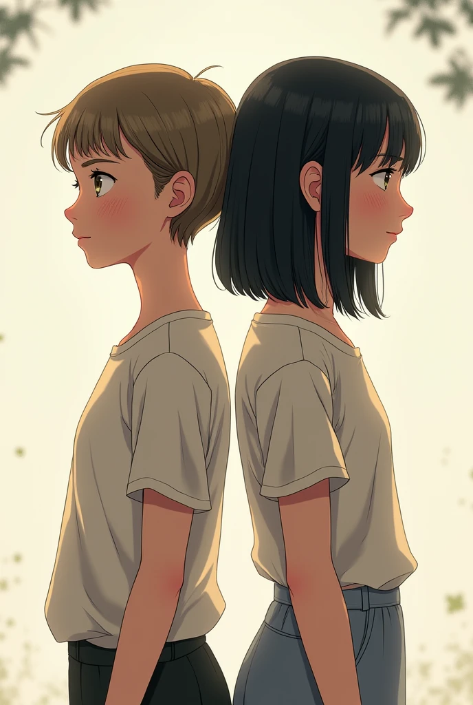Two girls each facing one way, the one on the left with a short haircut above the ear and light curls, her face with small freckles and the other with straight black hair below the shoulder, both facing opposite directions