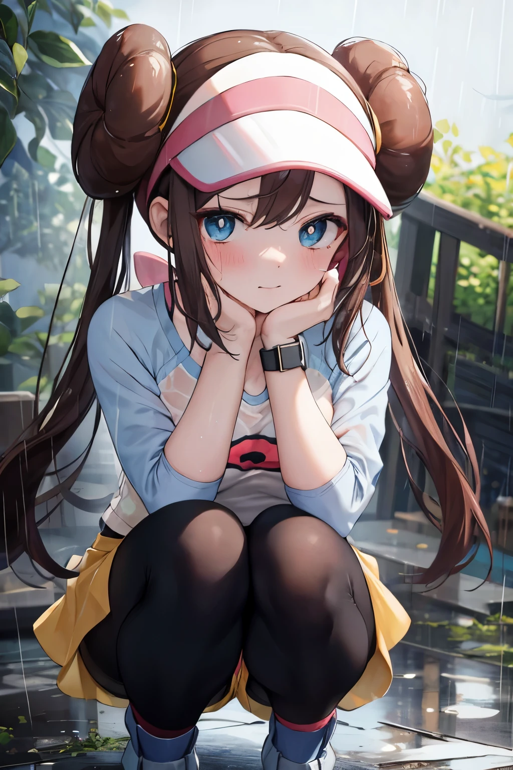 ((nsfw)), shy, wet, midium breasts, seethrow under wear, rain, outdoor, masterpiece, highest quality, High resolution, RO1, Hair Bun, blue eyes, Twin tails, Visor Cap, pantyhose, Raglan sleeves, Yellow shorts, shirt, Pink ribbon, clock, Leaning forward, Gym, squat, 30 denier soft touch comfortable tights, See-through, squat, Leg spread, Thighs, Attractive thighs,