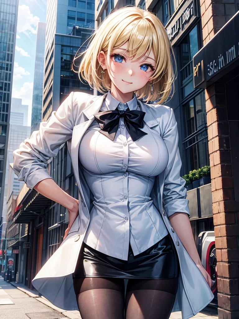 Anime style, super fine illustration, highly detailed, beautiful detailed, pale tone image, static representation, gentle expression, 8k, pretty 1girl with blonde straight short hair & blue eyes & a bright smile & full bust & soft fair skin is wearing big white business shirt not to show her skin & black tight skirt & 1business bag, on the business building street, in the morning, brilliant particles of lights, romantic stories, solo, perfect fingers, perfect arms, perfect legs, masterpiece.