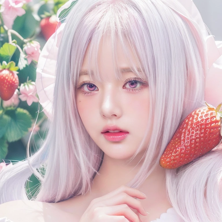 anime Girl with white hair and pink eyes holding a strawberry, Soft anime illustration, visual anime of a cute girl, detailed portrait of anime girl, Kawaii realistic portrait, beautiful animated portrait, detailed digital anime art, Beautiful anime art style, digital anime illustration, Girl with white hair, Beautiful anime style, clean and detailed anime art, anime visual of a young woman