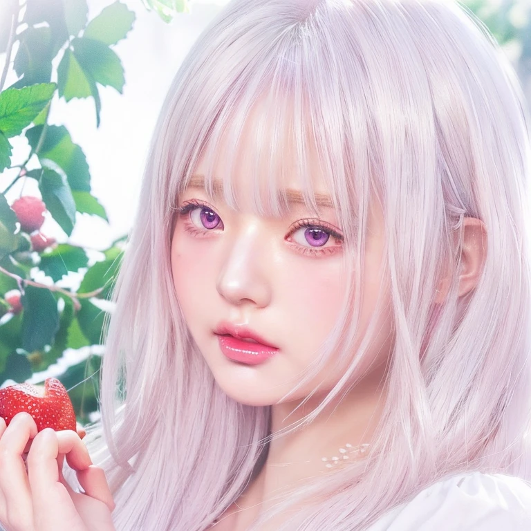 anime Girl with white hair and pink eyes holding a strawberry, Soft anime illustration, visual anime of a cute girl, detailed portrait of anime girl, Kawaii realistic portrait, beautiful animated portrait, detailed digital anime art, Beautiful anime art style, digital anime illustration, Girl with white hair, Beautiful anime style, clean and detailed anime art, anime visual of a young woman