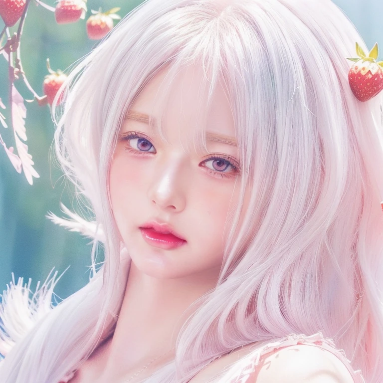 anime Girl with white hair and pink eyes holding a strawberry, Soft anime illustration, visual anime of a cute girl, detailed portrait of anime girl, Kawaii realistic portrait, beautiful animated portrait, detailed digital anime art, Beautiful anime art style, digital anime illustration, Girl with white hair, Beautiful anime style, clean and detailed anime art, anime visual of a young woman