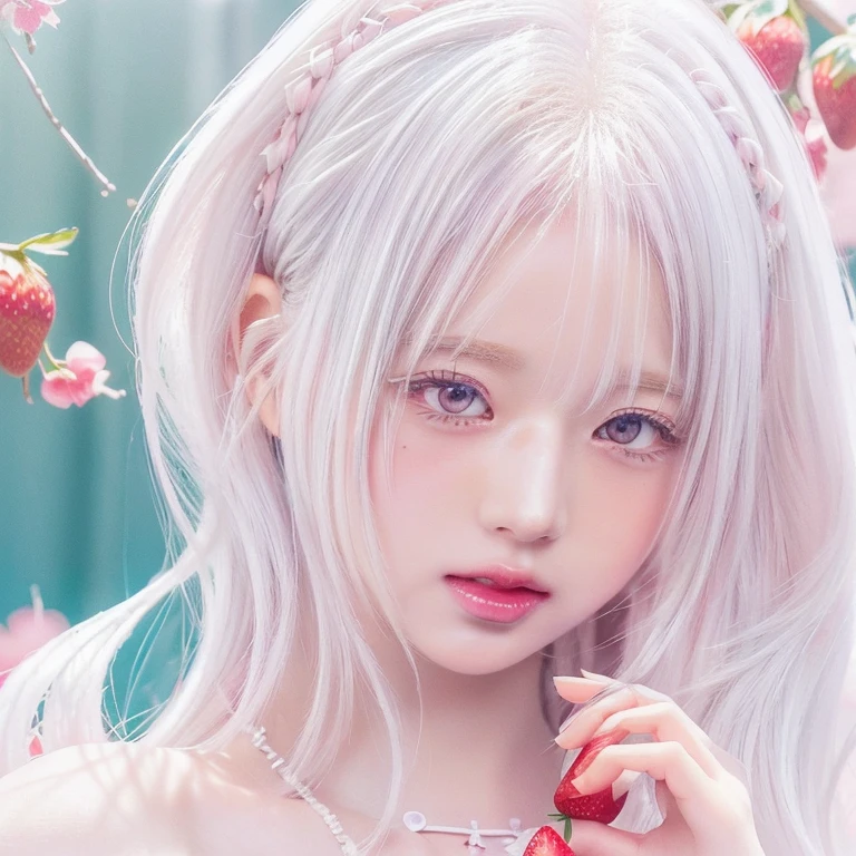 anime Girl with white hair and pink eyes holding a strawberry, Soft anime illustration, visual anime of a cute girl, detailed portrait of anime girl, Kawaii realistic portrait, beautiful animated portrait, detailed digital anime art, Beautiful anime art style, digital anime illustration, Girl with white hair, Beautiful anime style, clean and detailed anime art, anime visual of a young woman