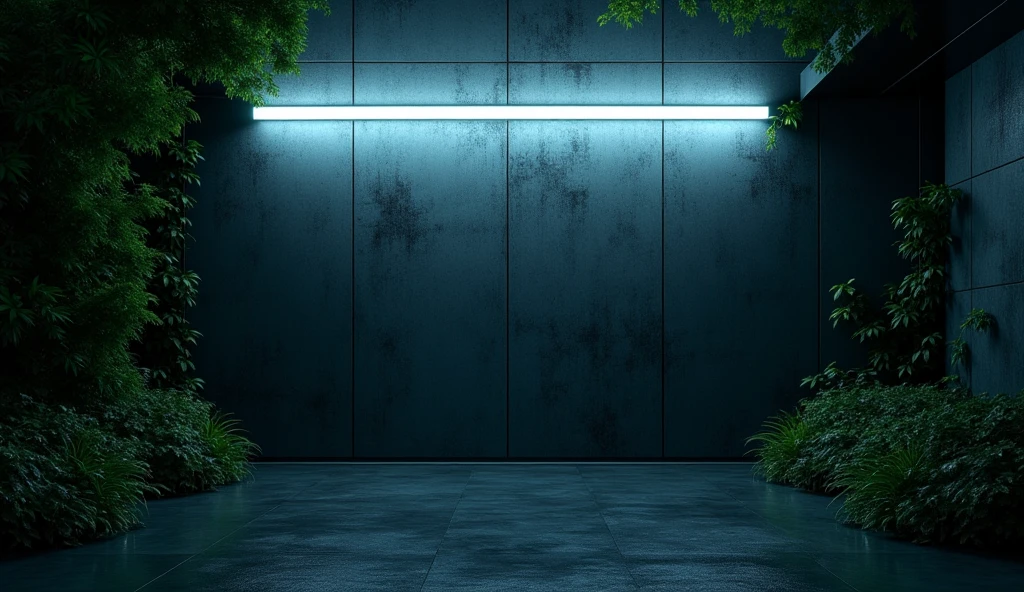 a dark wall zoom in foreground, with a white neon light on top, all surrounded by greenery in the corners