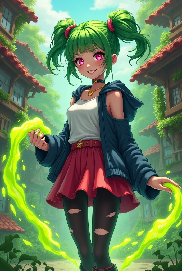 Create a village that has acid power, green hair tied in pigtails with a gold ring holding it in place and has side bangs, pink eyes, and releases acidic slime, She is a young woman wearing black ripped tights, a red skirt and platform boots., a sleeveless blouse and a dark blue hooded jacket, She is crazy and always has a mischievous smile