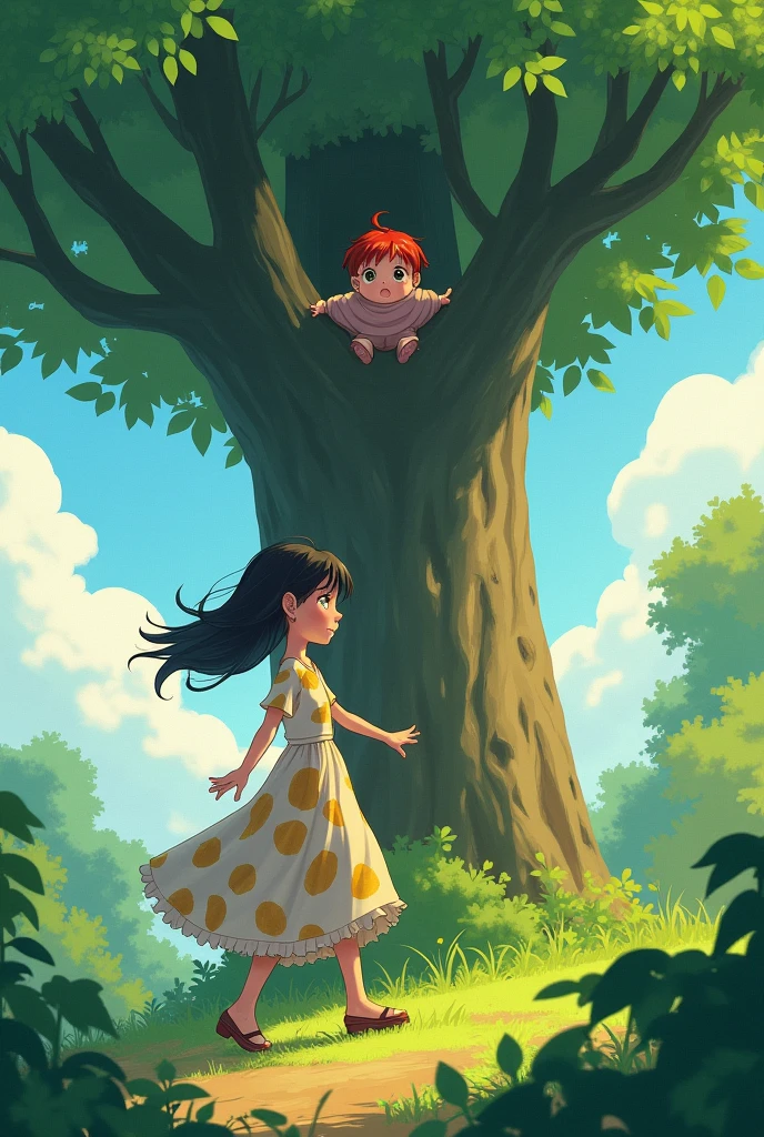 An adult woman in a leafy dress and black anime hair found a baby alone, a baby with a blanket, with red hair and eyes, on top of a tree. The woman runs to her house.