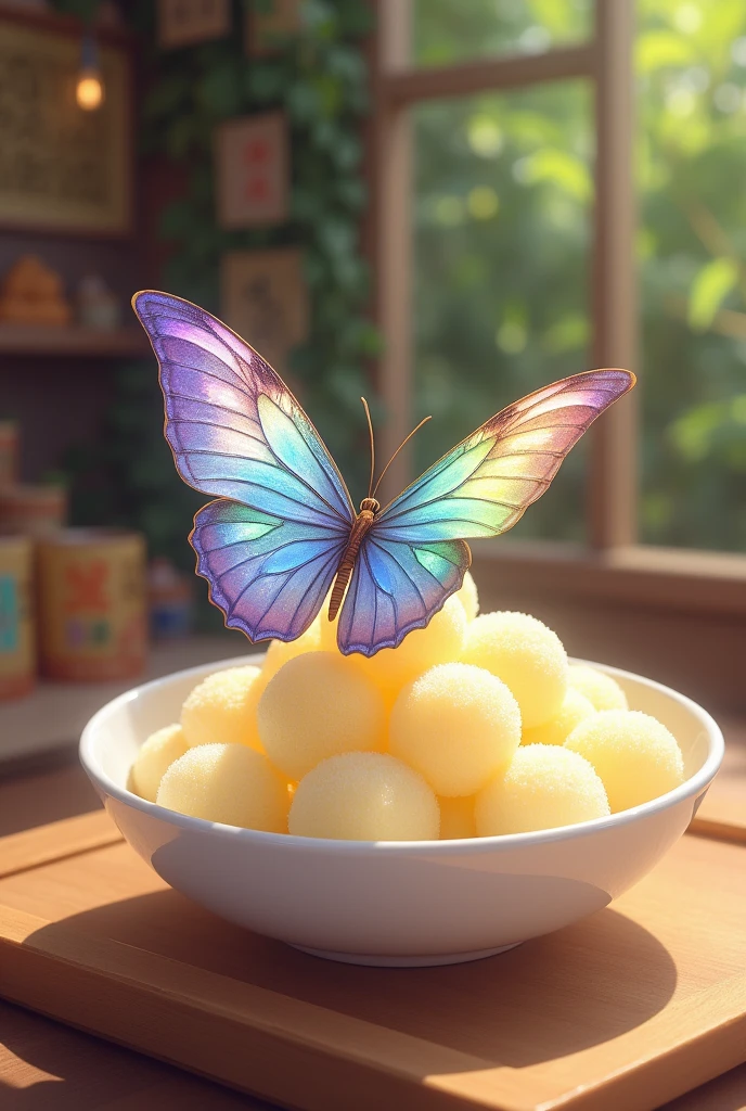 Create a drawing of a butterfly landing on a tapioca from the Northeast , for a regional tapioca store in the northeast