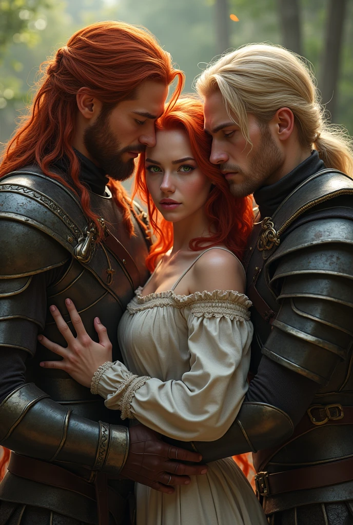 beautiful female warrior with red hair and green eyes, In a love triangle with two male warriors, one with long red hair, caramel skin and bad boy look, and the other one is a blonde with short hair.
The man with red hair looks at her with love and hugs her, And that one, who has light hair, wants to seduce her, she is between them and doesn&#39;t know, Who to choose