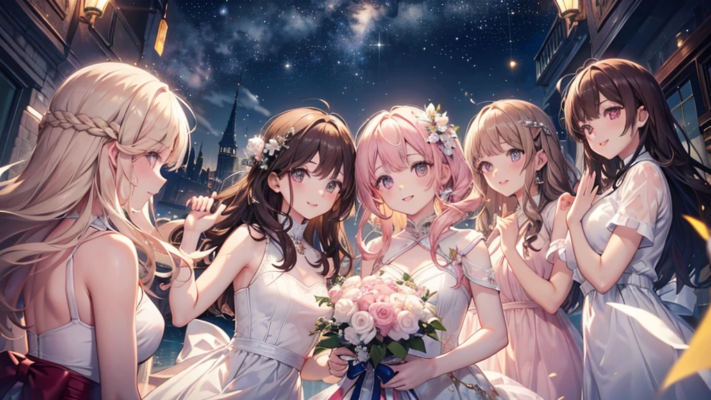 ((Highest quality、masterpiece、Ultra-fine、Ultra-fine、Exquisite、Golden Ratio,16K、Brown Hair,The best smile,Full HD、birthday, The night your smile shines )), (Angle from below,Raise your hand,profile,One person))Long eyelashes、White skin、(Pale pink lips、Pale pink cheeks、thin and long)、((One person)),birthday,Your smile shines like the stars in the night sky