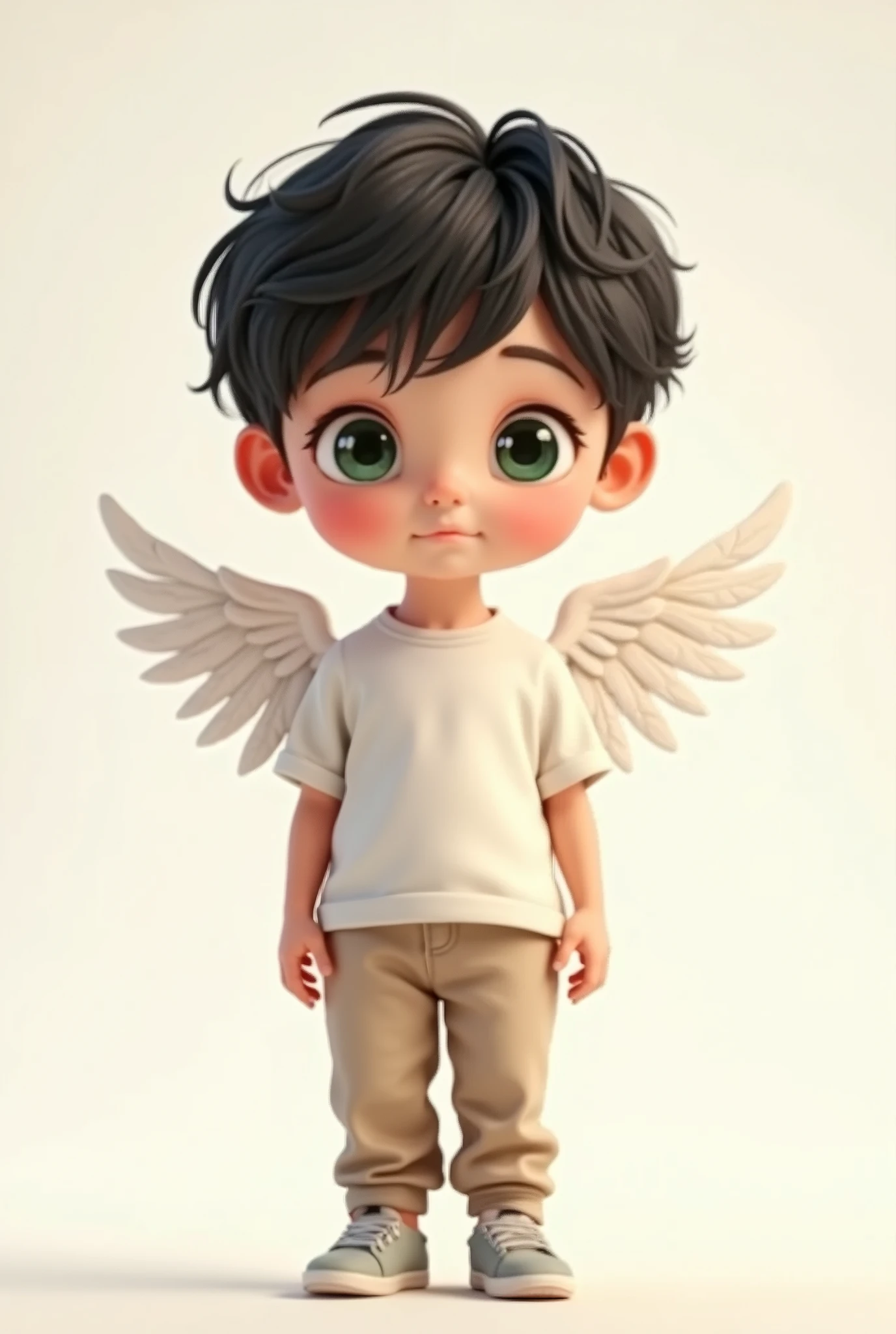 A child ,with white angel wings, short black hair and green eyes,Your image is pure and so sweet and cute with a shy expression and ordinary clothes,a white shirt and beige pants and light gray shoes 