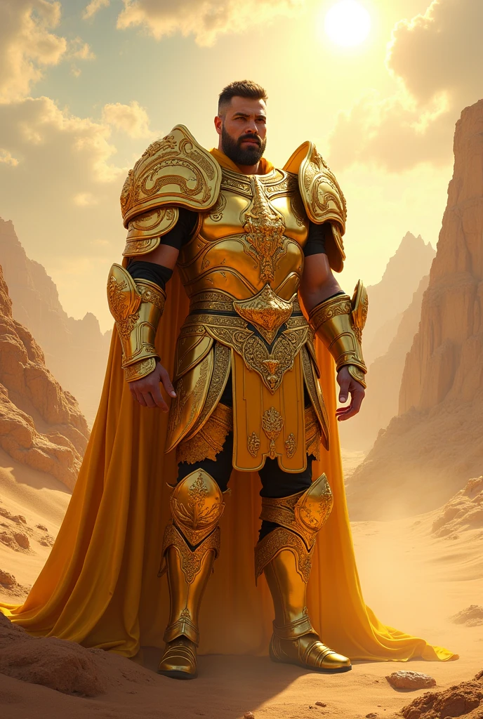 A warrior in golden armor, perhaps with details of sun and sand, to reflect the beginning of summer.