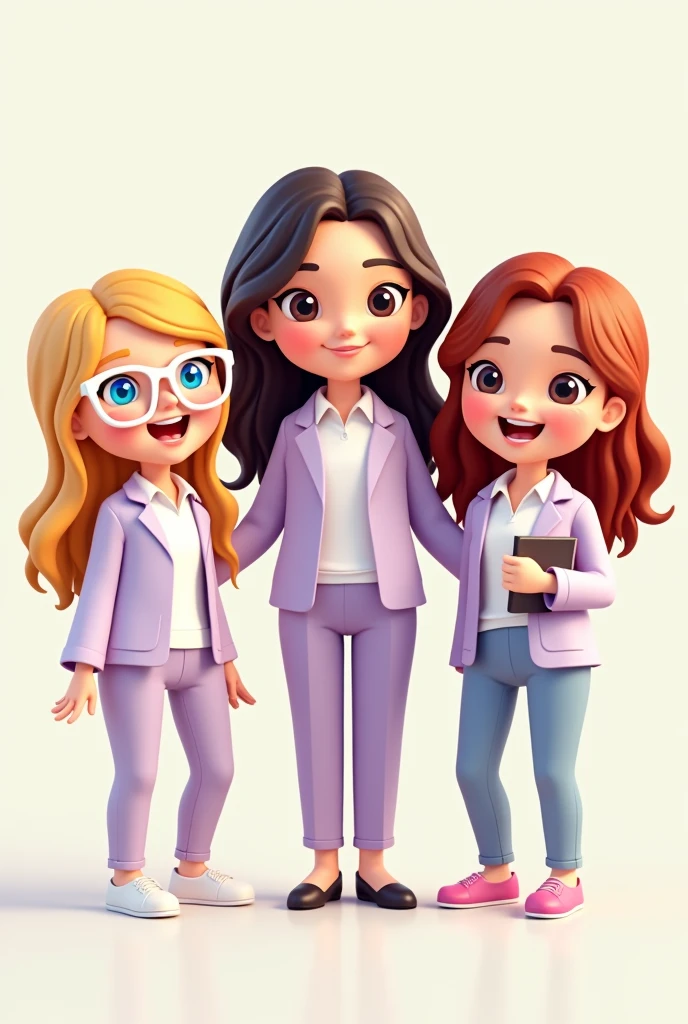 Create three dolls together bitmoji style, there are three teachers, only the blonde-haired teacher has blue eyes, the other two are brown eyes, all three teachers are white and happy, Teachers who have blonde and dark brown hair dress the same. The blonde teacher with blue eyes wears white-framed glasses, her long hair, Blonde and smooth. The teacher with dark brown hair is white, your hair is medium and straight, she is very elegant and haughty. The teacher who has wavy reddish brown hair is very white and looks like a porcelain doll., has a sweet air, sweet and casual outfit in lilac color