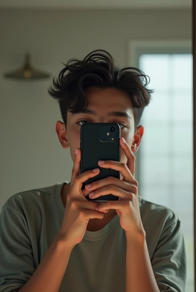 Can you generate an image for me of a handsome 14-year-old boy taking a photo in the mirror and covering his face with the phone? SUPER MEGA IPER ULTRA REALISTIC 1 boy so that his face is not visible as much? 